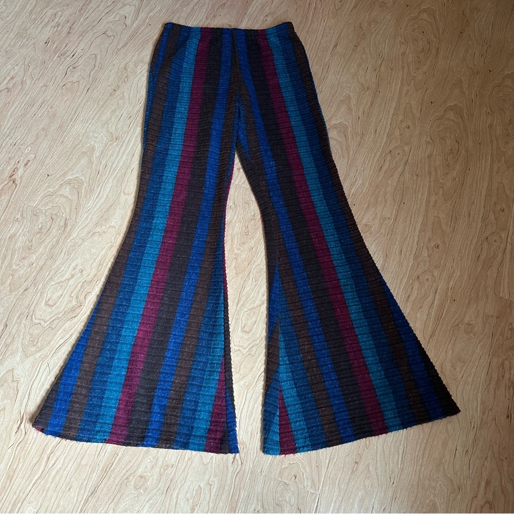 Earthbound Striped Flare Pants in Blue and Brown and Crimson, Soft and Elastic